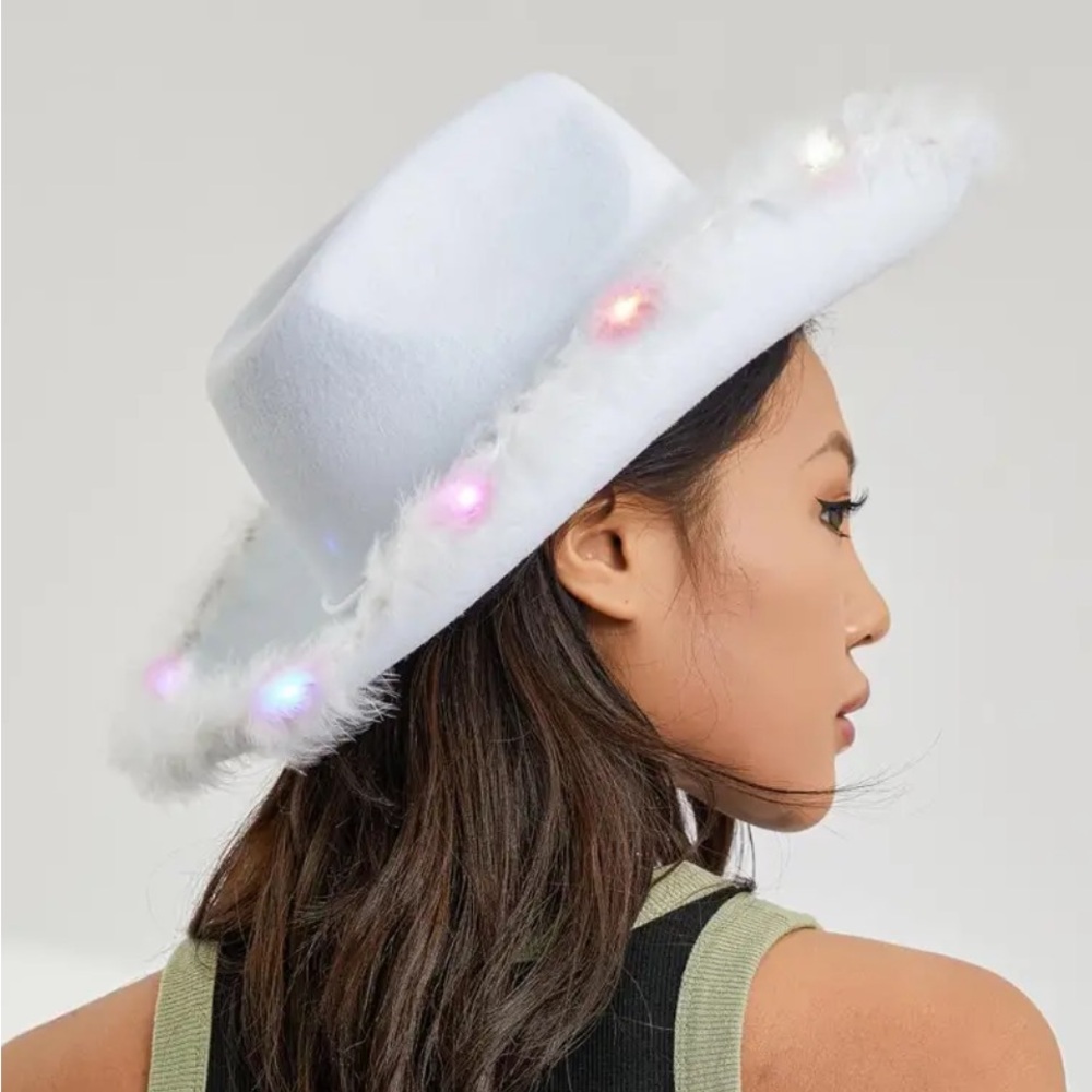 White fluffy feathers LED light Cowgirl Hat